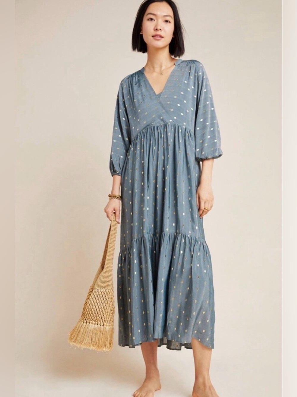 Anthropologie Napoli Tiered Maxi Dress, Wedgewood blue, Size S